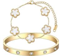 Bracciale Donna Placcato Oro 18K,Braccialetto Quadrifoglio Donna con Zirconi Regolabile Bracciali Trifoglio Fortunato Gioielli Regalo per Mamma Amica Ragazza (Bianco)