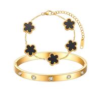 Bracciale Donna Placcato Oro 18K,Braccialetto Quadrifoglio Donna con Zirconi Regolabile Bracciali Trifoglio Fortunato Gioielli Regalo per Mamma Amica Ragazza (Nero)