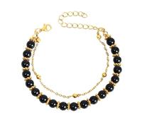Bracciale doppio strato in perle di pietra naturale per donne orologio da uomo cinturino in pelle nera, Taglia unica, Plastica, Nessuna pietra preziosa