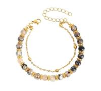 Bracciale doppio strato in perle di pietra naturale per donne orologio da uomo cinturino in pelle nera, Taglia unica, Plastica, Nessuna pietra preziosa