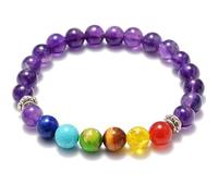Bracciale elastico con perline naturali dei 7 chakra e ametista da 8 mm a taglio liscio, forma rotonda, multicolore, lunghezza 7 pollici, ideale come regalo unisex e portafortuna |L_STBC_00022_6.5