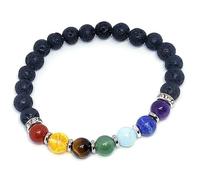 Bracciale elastico con perline naturali dei 7 chakra e lava vulcanica da 8 mm a taglio liscio, forma rotonda, multicolore, lunghezza 7 pollici, ideale come regalo unisex e portafortuna |L_STBC_00112_7