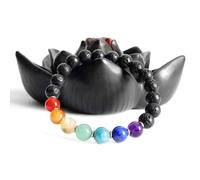 Bracciale elastico con perline naturali dei 7 chakra e lava vulcanica da 8 mm a taglio liscio, forma rotonda, multicolore, 7 pollici, ideale come regalo unisex e portafortuna |L_STBC_00113_6.5