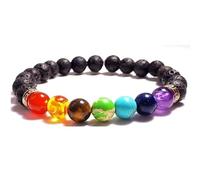 Bracciale elastico con perline naturali dei 7 chakra e lava vulcanica da 8 mm, taglio liscio, forma rotonda, multicolore, lunghezza 7 pollici, ideale come regalo unisex e portafortuna |L_STBC_00111_8
