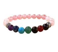 Bracciale elastico con perline naturali dei 7 chakra e quarzo rosa da 8 mm a taglio liscio, forma rotonda, multicolore, lunghezza 7 pollici, ideale come regalo unisex e portafortuna |L_STBC_00089_8