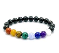 Bracciale elastico con perline naturali dei 7 chakra e shungite da 8 mm a taglio liscio, forma rotonda, multicolore, lunghezza 7 pollici, ideale come regalo unisex e portafortuna |L_STBC_00103_6.5