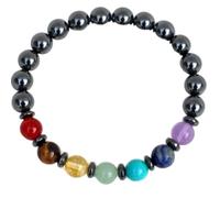 Bracciale elastico con perline naturali dei 7 chakra ed ematite da 8 mm a taglio liscio, forma rotonda, multicolore, lunghezza 7 pollici, ideale come regalo unisex e portafortuna |L_STBC_00074_7