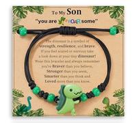 Bracciale elastico intrecciato a mano a tema dinosauro con biglietto auguri per ragazzi e ragazze Bellissimo ciondolo a forma dinosauro intrecciato per giovani, include un biglietto decorativo