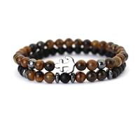 Bracciale Elastico Unisex in Pietra Naturale da 2 Pezzi, Bracciale Fatto a Mano con Perline in Onice Nero Opaco e Occhio di Tigre con Ciondolo Ad Ancora, Perline da 6mm, Braccialetto Alla Moda per Fe