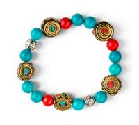 Bracciale etnico, elastico di Turchese e Corallo Bambù a Sfere con Elementi Etni