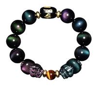 Bracciale Feng Shui, Bracciale Obsidian Feng Shui Double Bracciale prosperità Rainbow Obsidian Tigre Eye Stone Talisman Bag piyao Stretch Bangle Sei Parole Intagliato Luck di Denaro Intagliato