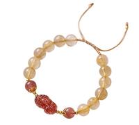 Bracciale Feng Shui, braccialetto di cristallo, braccialetto Feng Shui, braccialetto della ricchezza Feng Shui, braccialetto PiXiu in quarzo fragola con cristallo rutilato dorato, amuleto multi-quarzo