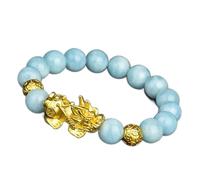 Bracciale Feng Shui dorato della mascotte - cristallo acquamarina e monete blu talismano per attirare denaro fortuna, perline da 10 mm per donne