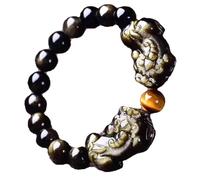 Bracciale Feng Shui Wealth - ossidiana oro naturale e occhio di tigre giallo doppio amuleto mascotte - braccialetto elastico con perline per prosperità, buona fortuna e attrazione per denaro - design