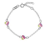 Bracciale in argento 925 rodiato con tre cuori in linea smalto multicolor.