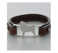 Bracciale in argento con sagoma di cane razza Carlino e cinturino in vera pelle