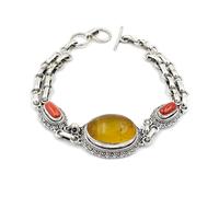 Bracciale in Argento Sterling 925 Con Pietre Preziose di Ambra e Corallo per Donna Bracciale a Catena Designer Etnico Tribale Bracciale di Moda Gioielli di Artisan