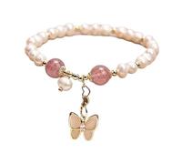 Bracciale in cristallo di agata viola naturale con perle d'acqua dolce, ciondolo di zucca intrecciato a mano, braccialetti a filo, gioielli for feste(Pink-butterfly)