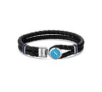 Bracciale in cuoio con piastra centrale in acciaio. Logo laserato e smalto bicol