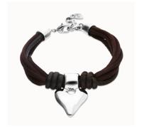 Bracciale in filo di seta e pelle marrone con cuore placcato argento (M)