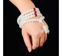 Bracciale in giada bianca con 108 perline lucide, lunghezza della catena regolabile e fibbia in acciaio, abbinato a una collana verde scuro con corda (piccola collana rossa)