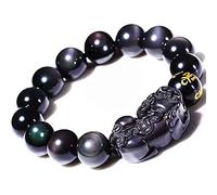 Bracciale in Ossidiana Nera, Perlina Elastica Regolabile con Sei Parole di ricchezza per allontanare Gli Spiriti maligni per Gioielli da Donna e Uomo, 14 mm