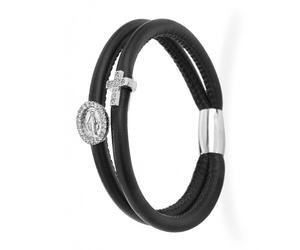 Bracciale in Pelle Doppio Giro AMEN Charm Croce e Madonna Zirconata Argento 925