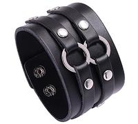 Bracciale in pelle nera e marrone con due anelli, regolabile con bottoni a pressione, 23,5 cm, Adjustable, Pelle, Non applicabile.