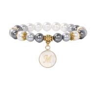Bracciale in pietra - Bracciale con perle di conchiglia 26 Bracciale con ciondolo con lettera iniziale Elegante regalo di gioielli femminili classici Bracciale elasticizzato con perle bianche nere,M