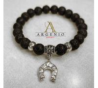 Bracciale in pietra lavica del Vesuvio e ferro di cavallo in argento 925 Argenio