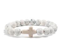 Bracciale in Pietra Naturale per Uomo e Donna,8mm,Pietra Preziosa Naturale con Ciondolo a Croce,Braccialetti Dell'Amicizia elasticizzati con perline, per Gesù,Cristianesimo,Bianco,8mm