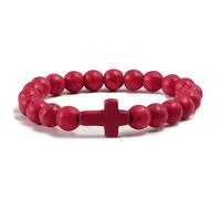 Bracciale in Pietra Naturale per Uomo e Donna,8mm,Pietra Preziosa Naturale con Ciondolo a Croce,Braccialetti Dell'Amicizia elasticizzati con perline, per Gesù,Cristianesimo,Rosso 8mm