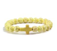 Bracciale in Pietra Naturale per Uomo e Donna,8mm,Pietra Preziosa Naturale con Ciondolo a Croce,Braccialetti Dell'Amicizia elasticizzati con perline, per Gesù,Cristianesimo,Giallo 8mm