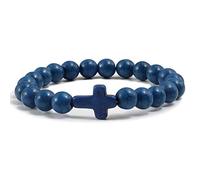 Bracciale in Pietra Naturale per Uomo e Donna,8mm,Pietra Preziosa Naturale con Ciondolo a Croce,Braccialetti Dell'Amicizia elasticizzati con perline, per Gesù,Cristianesimo,Blu Scuro,8mm