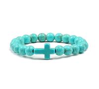 Bracciale in Pietra Naturale per Uomo e Donna,perlina Turchese Chakra da 8mm con Ciondolo a Croce,Braccialetti elastici con perline per Gesù, Cristiani Fatti a Mano da 8mm