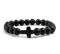 Bracciale in Pietra Naturale,perlina di Pietra Preziosa Naturale Nera da 8mm con Ciondolo a Croce,Braccialetti elastici con perline per Cristiani per La Festa di Gesù,8mm