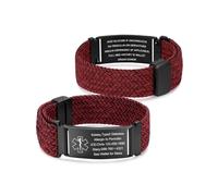 Bracciale Medico Personalizzato, Bracciale ID Medico Inciso, Nylon Regolabile con Chiusura Magnetica per Diabete Allergie Epilessia, Uomo Donna (Rosso)