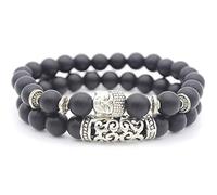 Bracciale Moda Uomo e Donna Testa di Buddha Nero Opaco Perline 19,5 cm Bracciale Coppia Elastica Regalo di Compleanno 1 Paio Elegante e Popolare Clever And Attractive