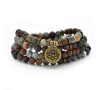 Bracciale o collana con 108 perle di Mala curative con ciondolo di loto dorato (Agata indiana (Indian Agate))