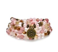 Bracciale o collana con 108 perle di Mala curative con ciondolo di loto dorato (Tormalina anguria (Watermelon Tourmaline))