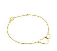 Bracciale Orovi a Catena con Due Cuori in Oro Giallo, Vero Oro 9KT 375, Catenina con Cuori Uniti Lucidi - Braccialetto realizzata in Italia ipoallergenico Lungo Cm 18 con anello per riduzione a 16 Cm.