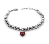 Bracciale Palline in Argento 925 con Ciondolo Cuore Rosso Smaltato a Mano