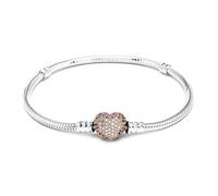 PANDORA Icons Bracciale in argento in maglia snake con chiusura a forma di cuore placcata in oro rosa 14 carati e zirconi cubici trasparenti, 17