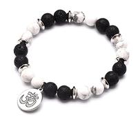 Bracciale Perle,Bracciali Con Perline Turchesi Bianche Naturali, Perline Di Pietra Lavica Nera Braccialetti Con Ciondolo In Argento 3D, Bracciale In Cristallo Elastico Gioielli In Cristallo Reiki Pe