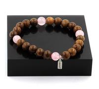 Bracciale Perle Di Quarzo Rosa + Legno 8 Mm. Fabbricato In Francia.