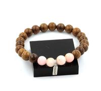 Bracciale Perle Opale Rosa + Legno 8 Mm. Fabbricato In Francia.