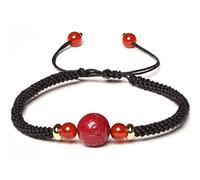 Bracciale Portafortuna Bracciale Cinabro Trasferimento Perline Bracciale con perline di ossidiana Perline di agata rossa Bracciale intrecciato a mano Amuleto stile retrò for attirare denaro,Rosso,8MM