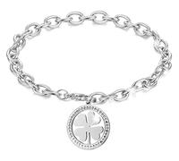 Bracciale Portafortuna Donna Braccialetto Quadrifoglio con Ciondolo Buona Fortuna, Catena a Maglie Charm Strass - Color Argento