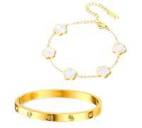 Bracciale Quadrifoglio,3 Pezzi Four Leaf Clover Jewellery Set,Bracciale D'oro Donna,Bracciale con trifoglio fortunato da donna, placcato oro 18 carati, per matrimoni/compleanni/feste