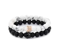 Bracciale Queen e King Crown perline in pietra naturale per coppie, Bracciale elastico da corone CZ King and Queen Black Lava pietra vulcanica e Howlite bianco, Bracciale Friendship Bracciali 8 mm